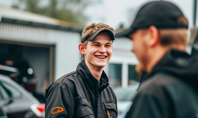 Smiling young mechanic in uniform engaging with colleague in a workshop setting.