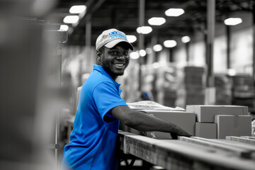 Smiling warehouse worker in blue with packages, selective color. Perfect for business and logistics themes.