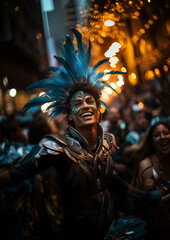 Brazilian carnival, people in costumes, musicians, feathers, sequins, drums - obrazy, fototapety, plakaty