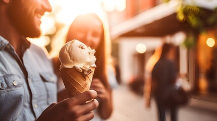 People eating ice cream, enjoying sweet treats outdoors , people, ice cream, outdoor, sweet treats.