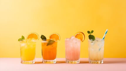 Summer drinks in a plain background, colorful and refreshing , summer drinks, plain background, colorful, refreshing.