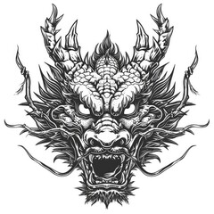 Black and white line drawing simple logo Japanese three-eyed dragon head.