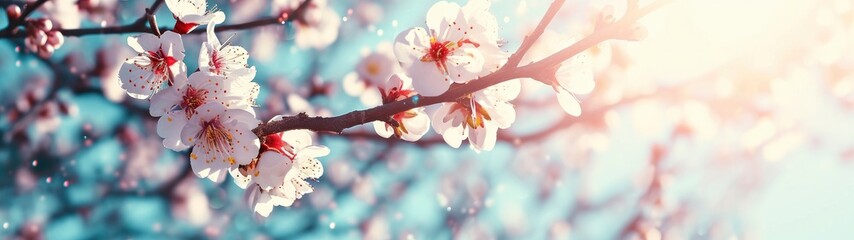 Blossoming apricot tree branches with copy space web banner. spring time concept. - 701345761