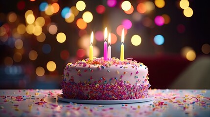 Birthday cake on a stand decorated with a sweets, sparklers on a backgrounds with lights bokeh, sweet dessert, Generative AI