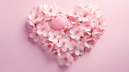 Heart shape made of pink flowers against pastel pink background