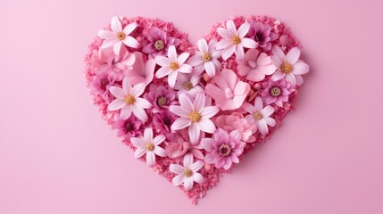 Heart shape made of pink flowers against pastel pink background