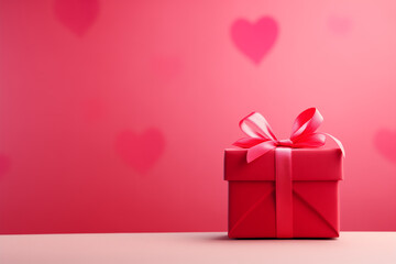 Red gift box, Valentine's Day gift, ribbon bow, hearts in the background. Red and pink copy space wallpaper. Concept art design for February 14.