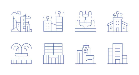 Urban icons. Editable stroke. Containing city, fountain, smart city, office, urban art, daycare center, building.