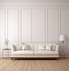 Minimalist living room interior with beige sofa and white wall