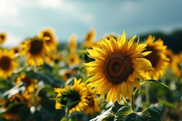 Sunflowers on a field with green sky in background