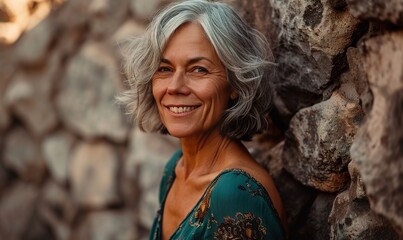 Portrait of a 60 year old, gray hair, wavy bob haircut, standing against a stone wall outdoors - obrazy, fototapety, plakaty