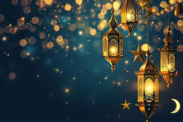 Fotobehang Ramadan Kareem background with a combination of shining hanging gold lanterns. Generative AI. © Dusit