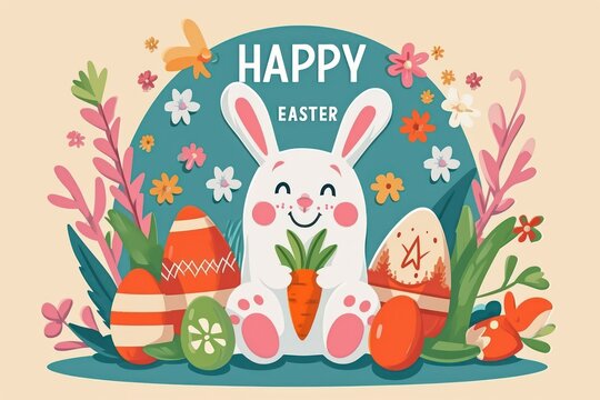 Flat illustration style, rabbit with carrot and Easter eggs, text HAPPY EASTER. Generative AI.