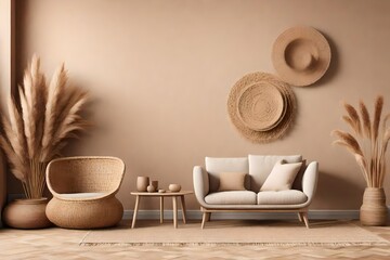 Living room interior wall mockup in warm tones with beige linen armchair, dried Pampas grass and woven rug. Boho style decoration on empty wall background. 3D rendering, illustration