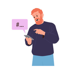 Hipster man cartoon character using smartphone and following hashtag in social media network