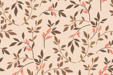 Seamless floral pattern, abstract ditsy print in old fashion motif. Romantic botanical design: hand drawn branches, twigs, small flowers tassels, tiny leaves on a light background. Vector illustration