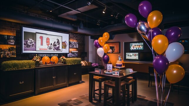 a birthday event in an indoor sports lounge with memorabilia and big screens