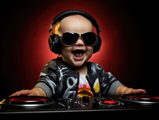 Funny smiling baby as dj