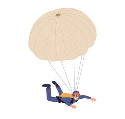 Man paratrooper cartoon character using parachute free flying in sky enjoying skydiving hobby