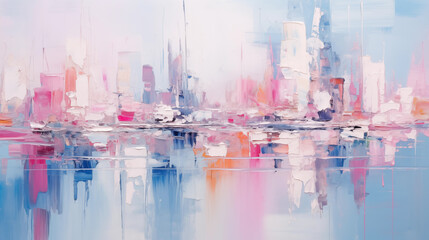 Abstract oil painting of skyline city with reflection on water