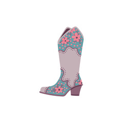 Wild west cowgirl boot with floral print, pink stylish leather shoe vintage style, vector retro rodeo western footwear