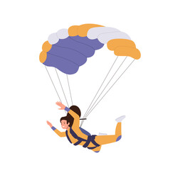 Happy woman skydiver cartoon character enjoying extreme parachuting sport recreation leisure