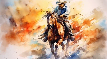 Foto op Plexiglas Cowboy taming the wild horse colorful watercolor pain.Generative AI © minatidesign