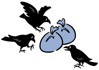 カラスとゴミ袋。アイソメトリック図。