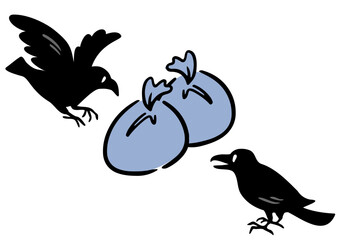 カラスとゴミ袋。アイソメトリック図。