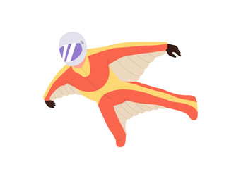 Human person figure cartoon character paragliding in special suit with wings and protective helmet