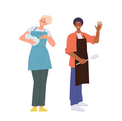 Man and woman cartoon character enjoying cooking, dinner preparation isolated full-length portrait