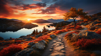 Peaceful sunset illuminates a tranquil lake, rocky path, and solitary tree among vibrant foliage. - obrazy, fototapety, plakaty