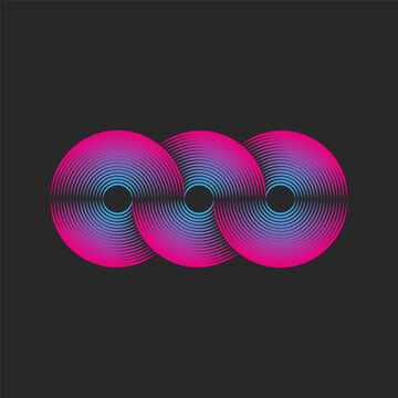 Three circles logo Infinity shape from blue and pink gradient parallel lines minimal style, overlapping looped geometric shape, monogram OOO 3 letters O endless symbol logotype.