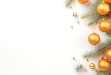 Naklejka na ściany i meble Christmas and New Year background with fir branches and golden balls. Vector illustration.