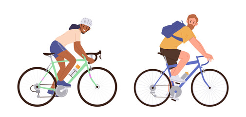 Naklejka premium Isolated of sportswoman athlete and man traveler character riding bicycle enjoying weekend activity