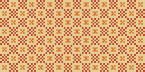 A groovy style seamless pattern with a retro flower aesthetic design and checkered vector background. Print surface for textiles, wrapping, and webs.