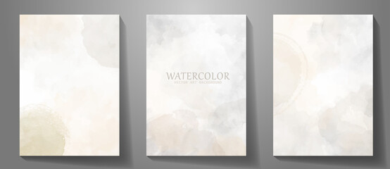 Abstract watercolor vector art background set for cards, flyer, poster, banner and cover design. Grey and olive colors watercolor stains on white background. Vintage pastel colors illustration.	