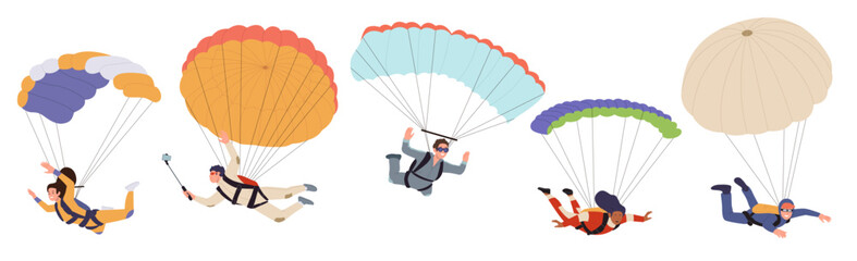 Man and woman skydivers cartoon characters jumping and falling with parachutes flying in sky set