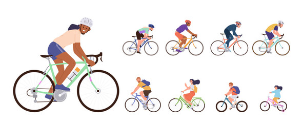 Happy people cartoon characters riding sportive bicycles and recreation bikes set isolated on white - obrazy, fototapety, plakaty