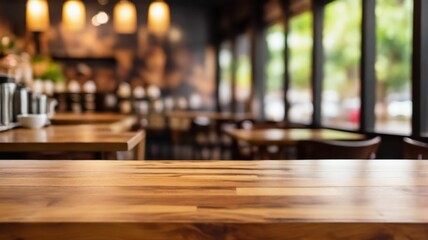 Wooden board empty table in front of blurred background. Brown wooden perspective over blur in cafe or restaurant. Can use for display product. Mock up for product display. Generative AI. - obrazy, fototapety, plakaty