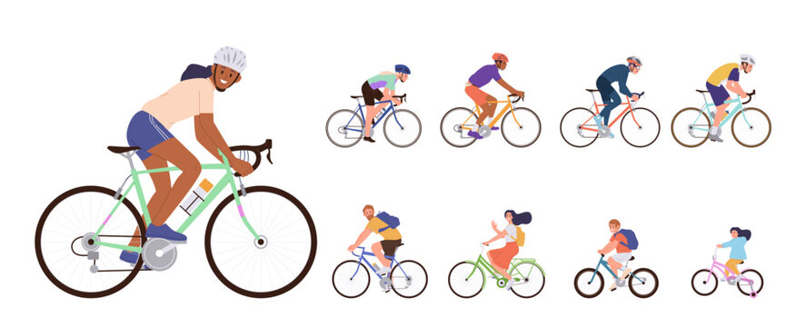 Happy people cartoon characters riding sportive bicycles and recreation bikes set isolated on white