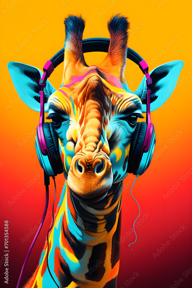 Wall mural giraffe in headphone on the neon background