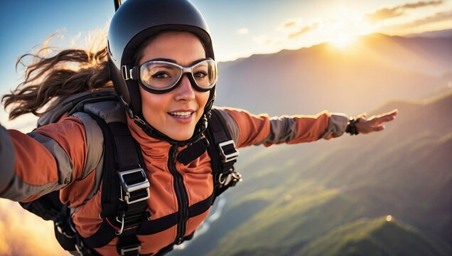 Exhilarating image of a woman skydiving, with the sun setting over mountainous terrain in the background.