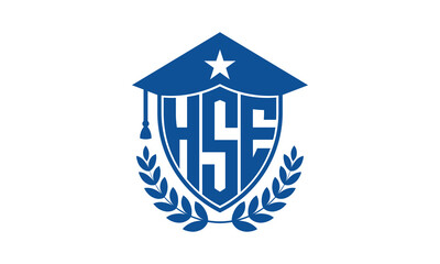 HSE three letter iconic academic logo design vector template. monogram, abstract, school, college, university, graduation cap symbol logo, shield, model, institute, educational, coaching canter, tech