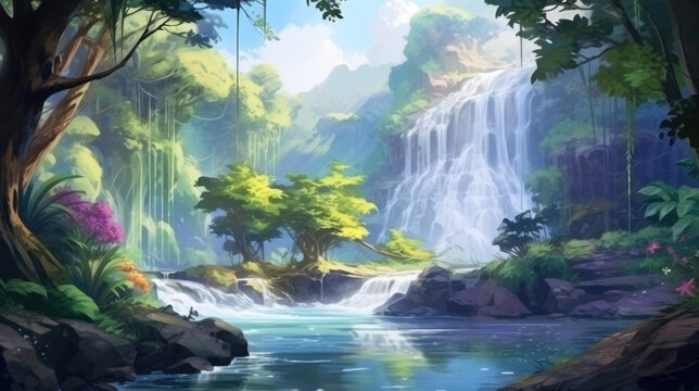 Fantasy tropical forest with beautiful river, waterfall and plants. Cartoon or anime watercolor painting design. Realistic cartoon style artwork scene, wallpaper, story background and card design