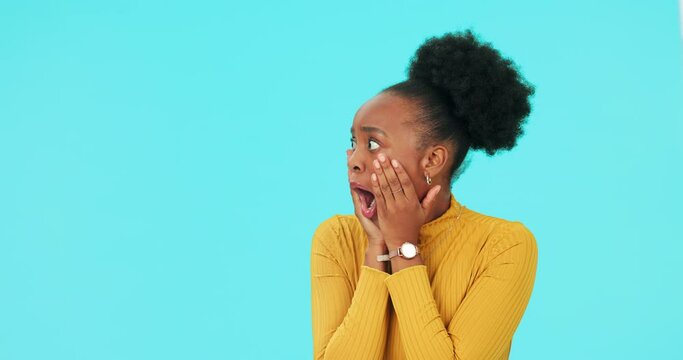Wow, mockup and face of a black woman on a blue background for a retail deal or promotion. Surprise, portrait and an African girl or model with shock about an announcement with space on a backdrop
