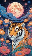 Hand drawn cartoon illustration of a tiger among flowers under the starry sky at night
