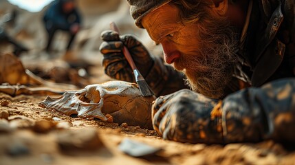 the hands of a paleontologist using a brush to dust off ancient human skeletal remains.  