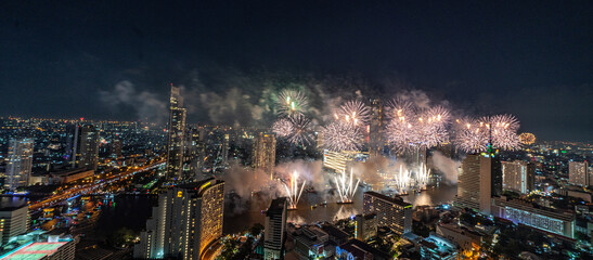  Countdown fireworks for the 2024 New Year festival In the middle of the Chao Phraya River in front...