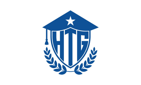 HTG three letter iconic academic logo design vector template. monogram, abstract, school, college, university, graduation cap symbol logo, shield, model, institute, educational, coaching canter, tech